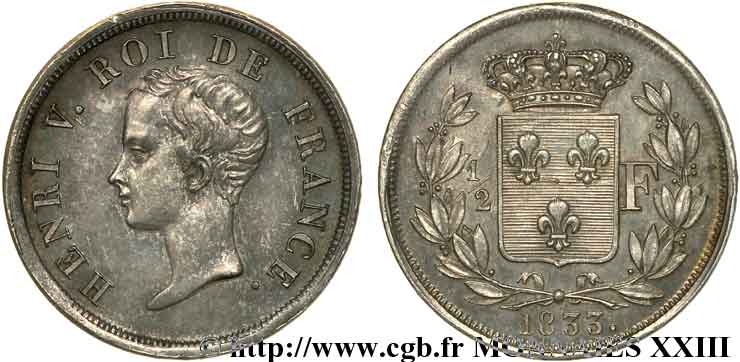1/2 franc, buste juvénile 1833  VG.2713  SPL 