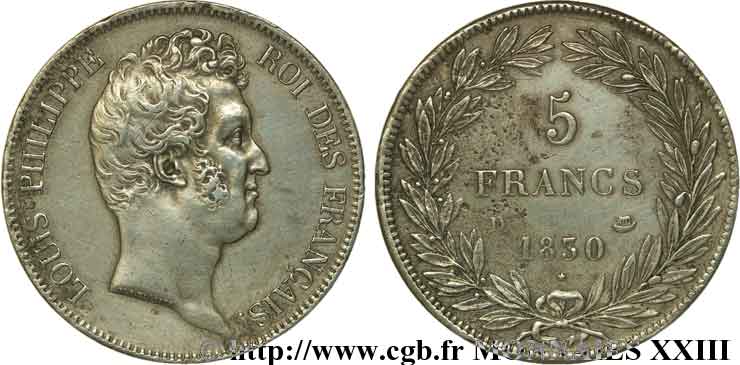 5 francs type Tiolier sans le I, tranche en creux 1830  Lyon F.313/3 MBC 