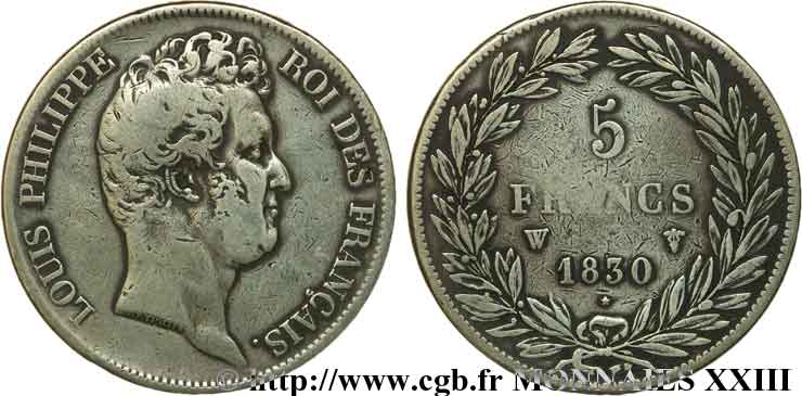 5 francs type Tiolier sans le I, tranche en creux 1830  Lille F.313/4 BC 