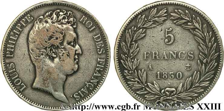 5 francs type Tiolier sans le I, tranche en relief 1830  Paris F.314/1 MB 