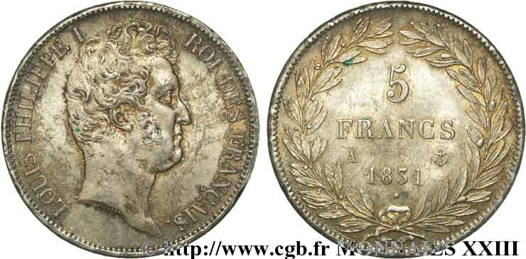 5 francs type Tiolier avec le I, tranche en creux 1831 Paris F.315/14 VZ 
