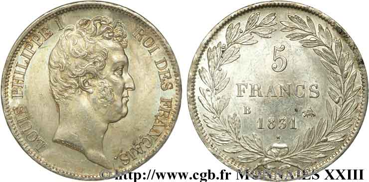 5 francs type Tiolier avec le I, tranche en creux 1831 Rouen F.315/15 VZ 