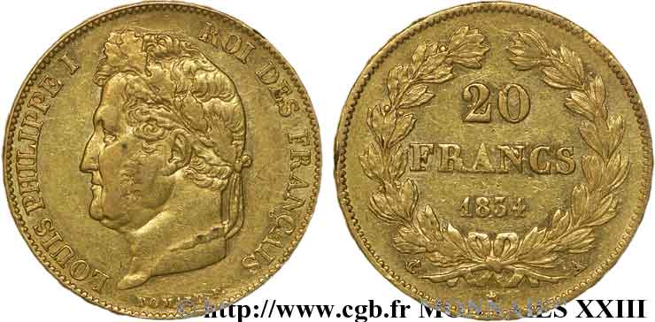 20 francs Louis-Philippe, Domard 1834 Paris F.527/7 XF 
