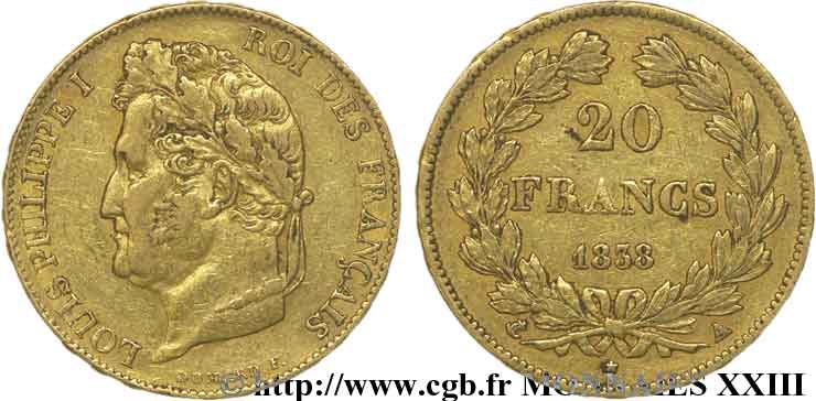 20 francs Louis-Philippe, Domard 1838 Paris F.527/18 XF 