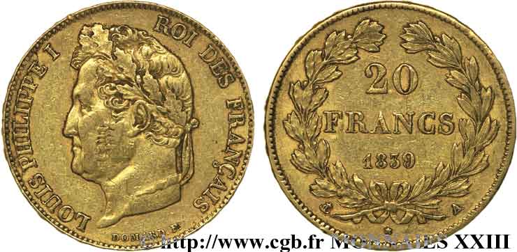 20 francs Louis-Philippe, Domard 1839 Paris F.527/20 BB 