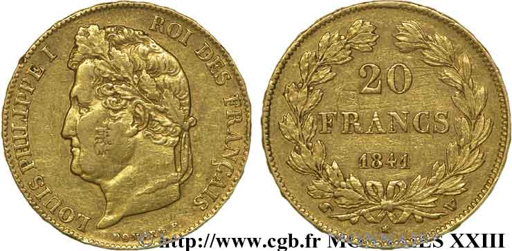 20 francs Louis-Philippe, Domard 1841 Lille F.527/26 XF 