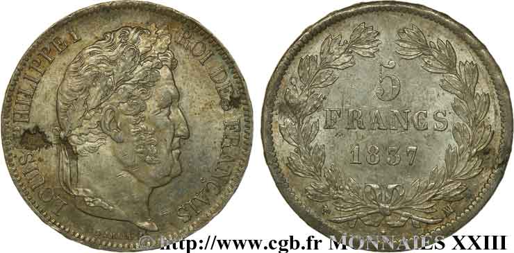 5 francs, IIe type Domard 1837 Marseille F.324/66 SUP 