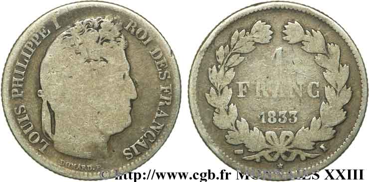 1 franc Louis-Philippe, couronne de chêne 1833 Limoges F.210/19 B 