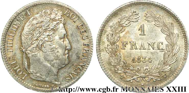1 franc Louis-Philippe, couronne de chêne 1834 Lille F.210/39 EBC 