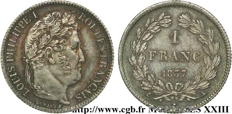 1 franc Louis-Philippe, couronne de chêne 1837 Paris F.210/55 SUP 