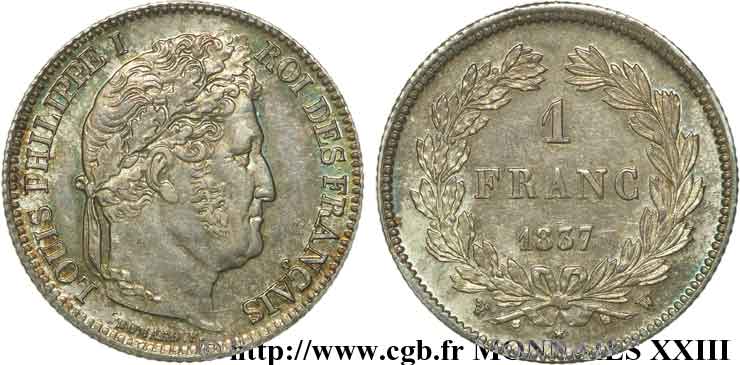 1 franc Louis-Philippe, couronne de chêne 1837 Lille F.210/61 AU 