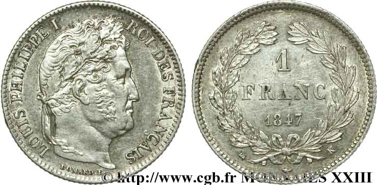 1 franc Louis-Philippe, couronne de chêne 1847 Bordeaux F.210/112 VZ 