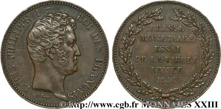 Essai module de 5 francs en cuivre pour la virole brisée 1840 Paris VG.2909  BB 