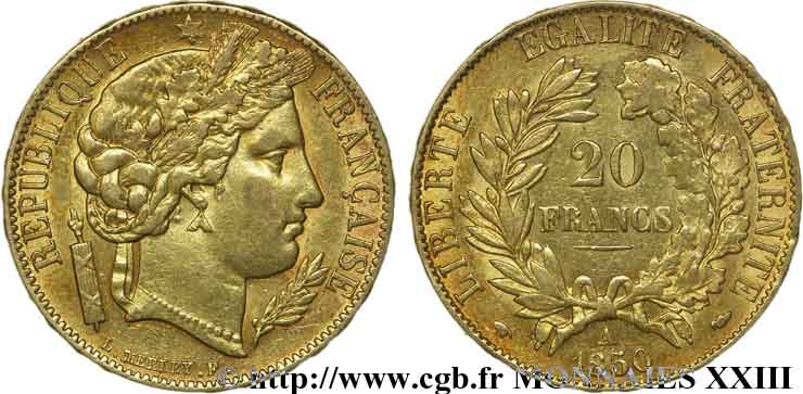 20 francs or Cérès, oreille basse 1850 Paris F.529/3 XF 