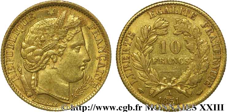10 francs Cérès Deuxième république, levrette oreille basse 1851 Paris F.504/3 TTB 