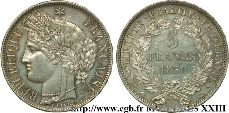 5 francs Cérès Deuxième république 1850 Paris F.327/4 VZ 