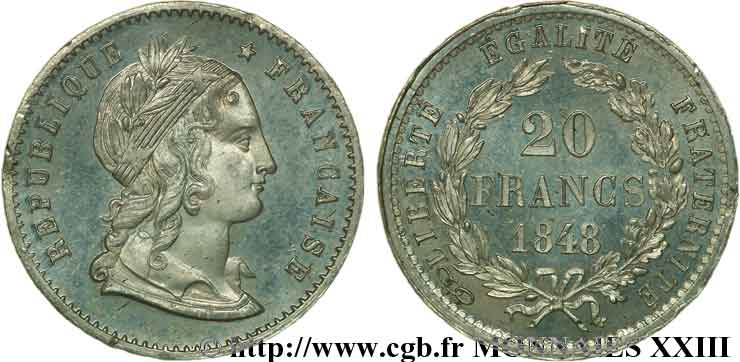 Concours de 20 francs, essai de Magniadas 1848 Paris VG.3028 var VZ 
