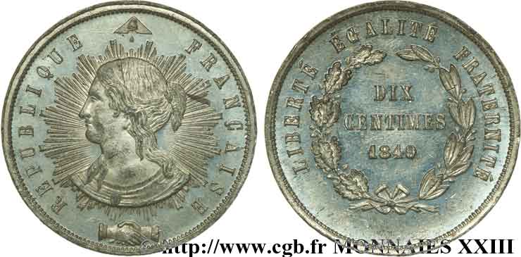 Concours de 10 centimes, essai de Pillard 1849 Paris VG.3185 var. SPL 