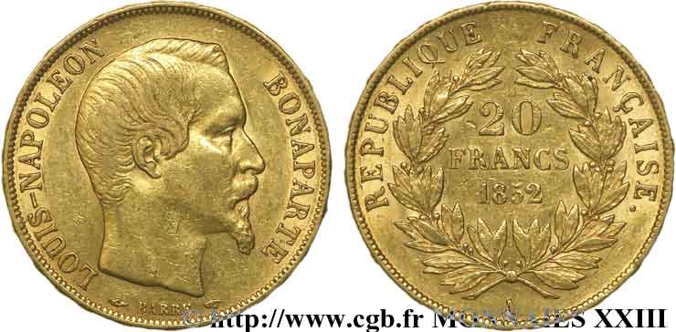 20 francs or Louis-Napoléon 1852 Paris F.530/1 MBC 