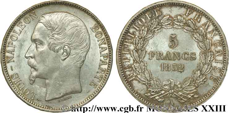 5 francs Louis-Napoléon 1852 Paris F.329/1 SPL 