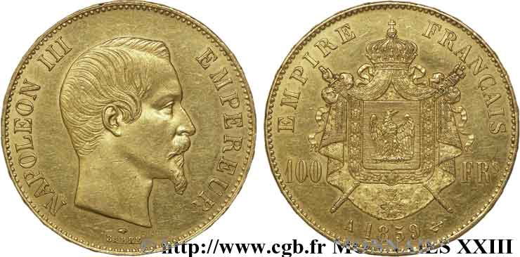100 francs or Napoléon III tête nue 1859 Paris F.550/7 XF 