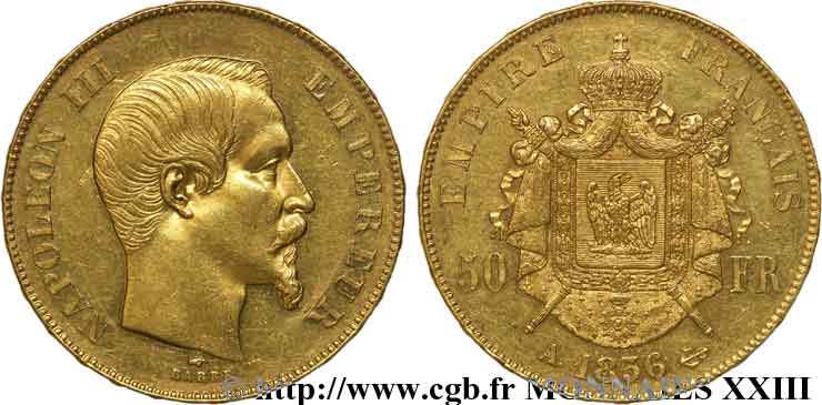 50 francs or Napoléon III, tête nue 1856 Paris F.547/3 EBC 