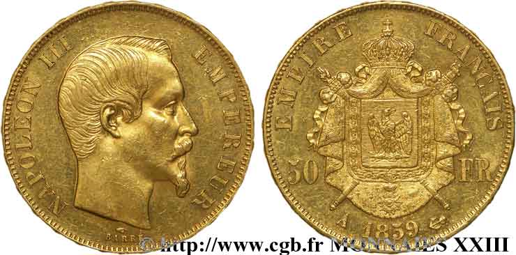 50 francs or Napoléon III, tête nue 1859 Paris F.547/7 EBC 