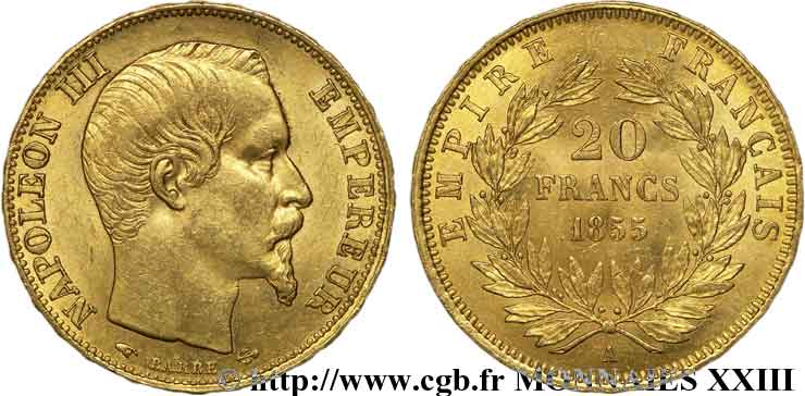 20 francs or Napoléon III, tête nue 1855 Paris F.531/4 BB 