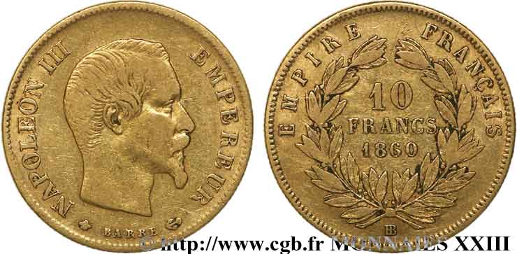 10 francs Napoléon III tête nue, grand module 1860 Strasbourg F.506/11 VF 