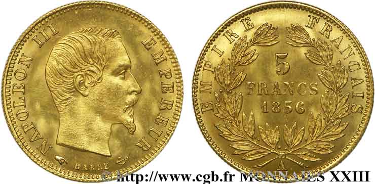 5 francs or Napoléon III tête nue, grand module 1856 Paris F.501/2 FDC 