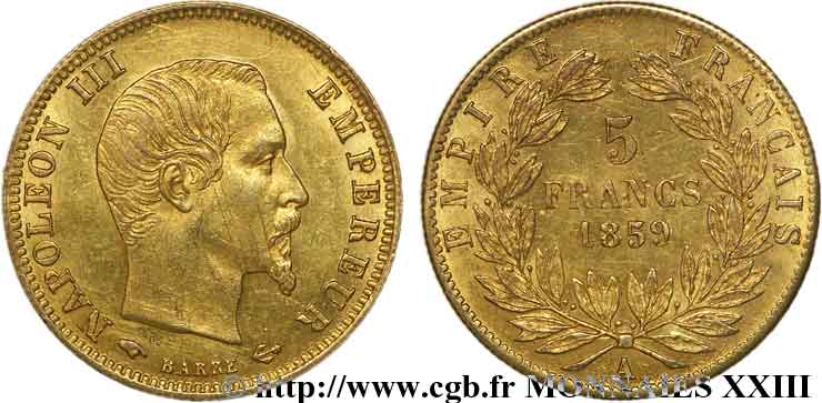 5 francs or Napoléon III, tête nue, grand module 1859 Paris F.501/7 XF 