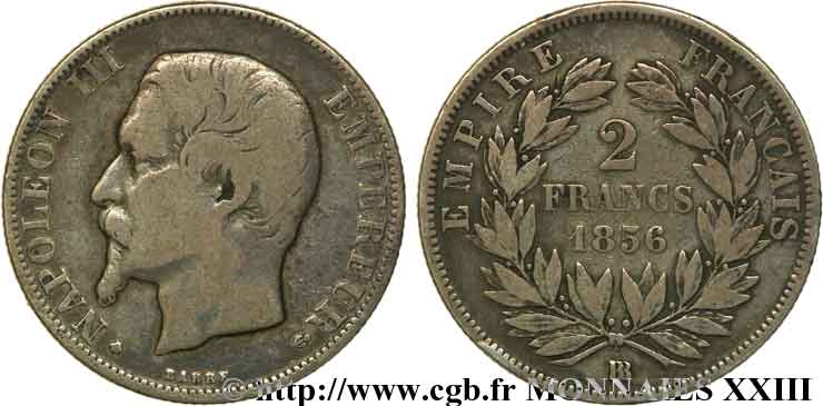 2 francs Napoléon III tête nue, grand BB 1856 Strasbourg F.262/6 S 