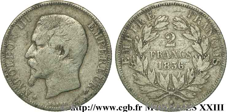 2 francs Napoléon III tête nue, petit BB 1856 Strasbourg F.262/7 TB 
