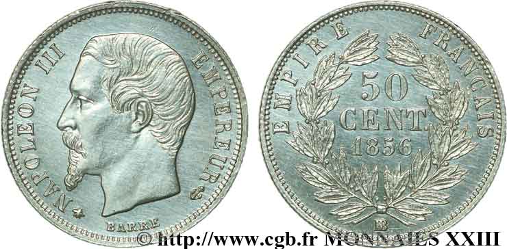 50 centimes Napoléon III, tête nue 1856 Strasbourg F.187/6 EBC 