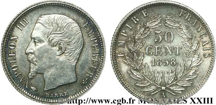 50 centimes Napoléon III, tête nue 1858 Paris F.187/9 EBC 