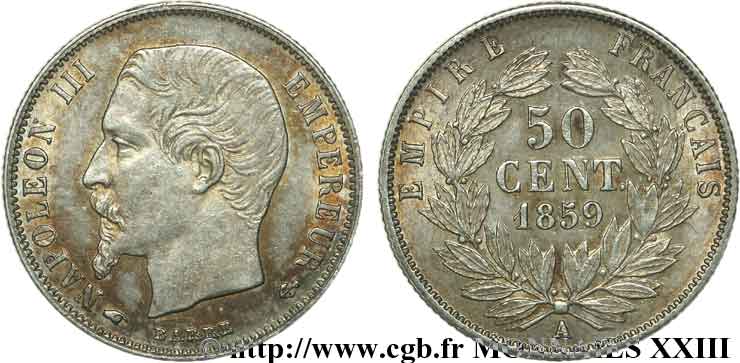50 centimes Napoléon III, tête nue 1859 Paris F.187/10 EBC 