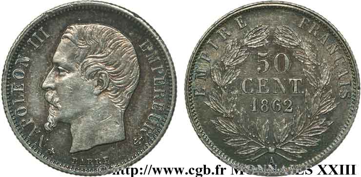 50 centimes Napoléon III, tête nue 1862 Paris F.187/16 XF 