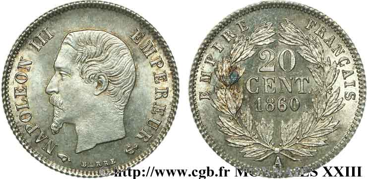 20 centimes Napoléon III tête nue 1860 Paris F.148/14 MS 