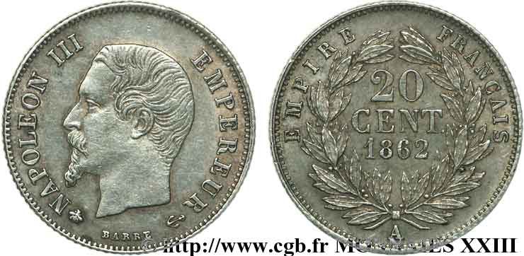 20 centimes Napoléon III, tête nue 1862 Paris F.148/17 MBC 