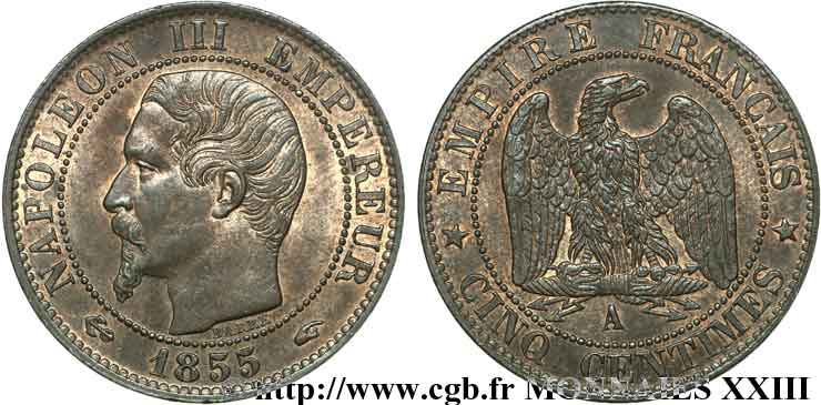 Cinq centimes Napoléon III tête nue 1855 Paris F.116/17 EBC 