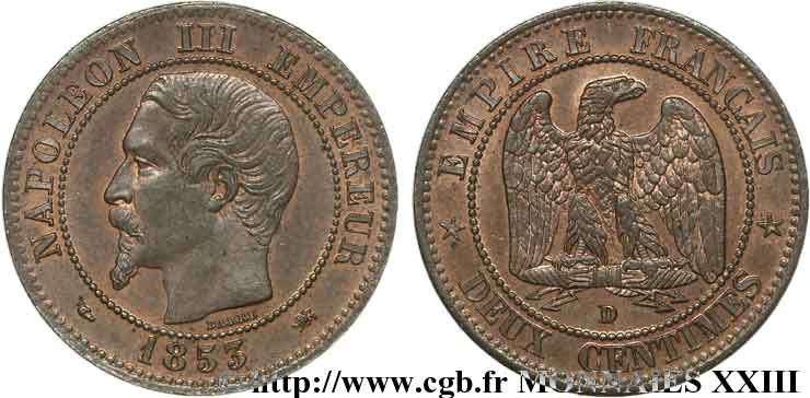Deux centimes Napoléon III, tête nue, petit D et petit lion 1853 Lyon F.107/5 MS 