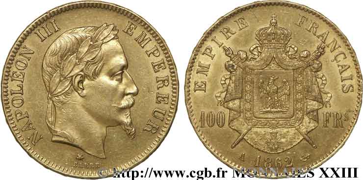 100 francs or Napoléon III, tête laurée 1862 Paris F.551/1 BB 