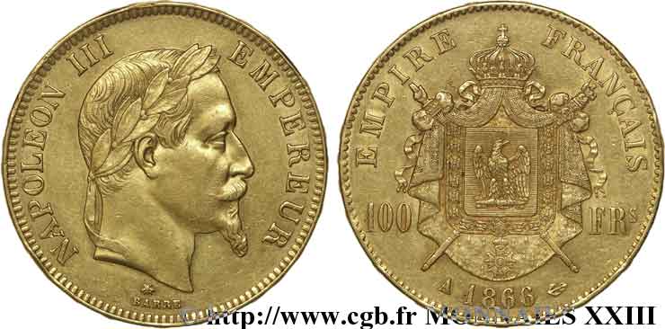 100 francs or Napoléon III, tête laurée 1866 Paris F.551/6 SS 
