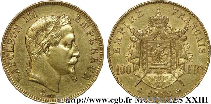 100 francs or Napoléon III, tête laurée 1868 Paris F.551/10 MBC 