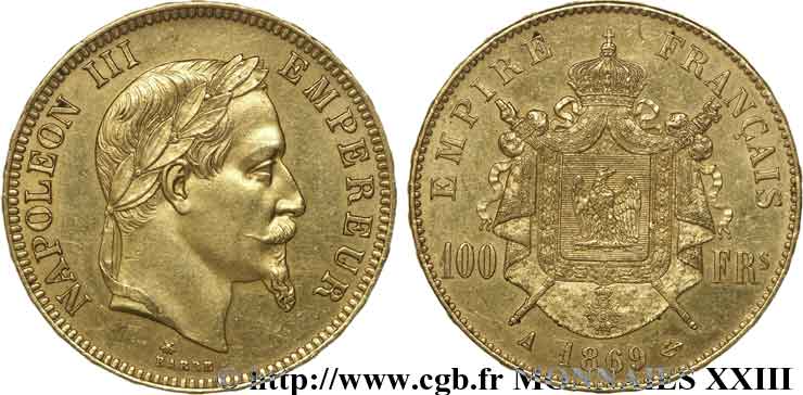 100 francs or Napoléon III, tête laurée 1869 Paris F.551/12 TTB 