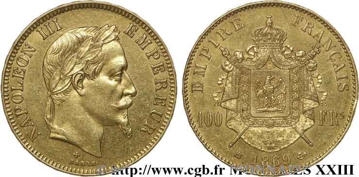 100 francs or Napoléon III, tête laurée 1869 Strasbourg F.551/13 XF 
