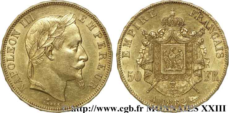50 francs or Napoléon III, tête laurée 1862 Paris F.548/1 TTB 