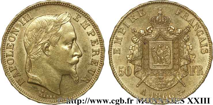 50 francs or Napoléon III, tête laurée 1866 Paris F.548/6 SS 