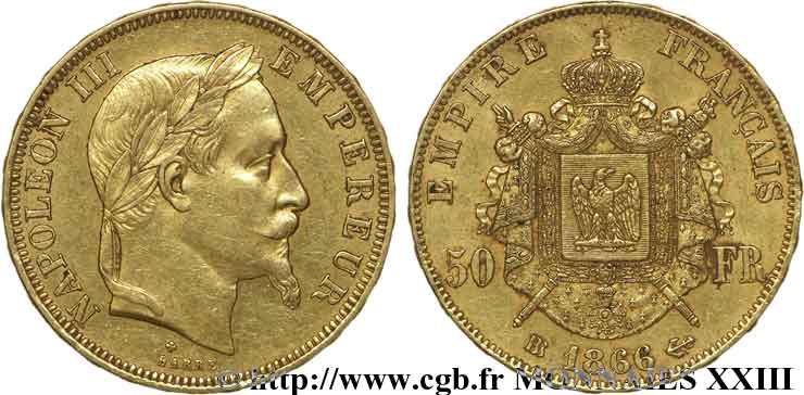 50 francs or Napoléon III, tête laurée 1866 Strasbourg F.548/7 SS 