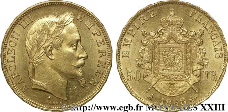 50 francs or Napoléon III, tête laurée 1868 Paris F.548/10 EBC 